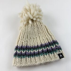 Ambler 100% Wool Knit Hat Pom Pom Beanie OS Ivory Striped Fleece Lined Chunky